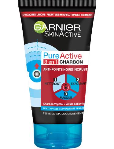 Masque Gel Nettoyant 3-en-1 Garnier PureActive Au Charbon - Anti-points Noirs - Neuf (200-300ml)
