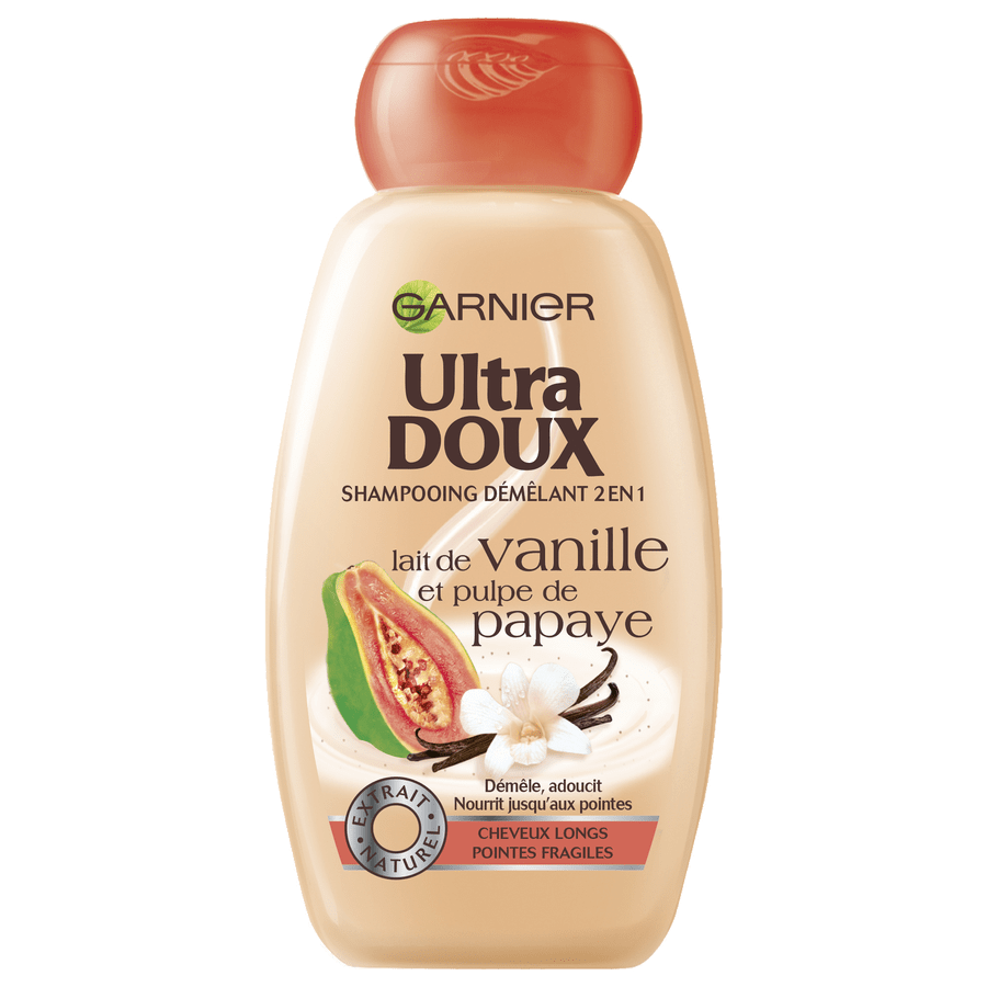 Ultra doux, lait de vanille et pulpe de papaye, shampooing 2 en 1 - garnier