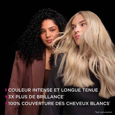 Couleur intense et longue tenue - 3 fois plus de brillance sur test instrumental - 100% de couverture des cheveux blancs sur test instrumental